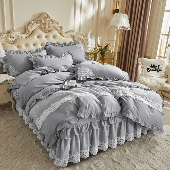 91家纺网 家纺一手货源 找家纺 十个点 2022新款纯色全棉公主风蕾丝花边床裙四件套 灰色