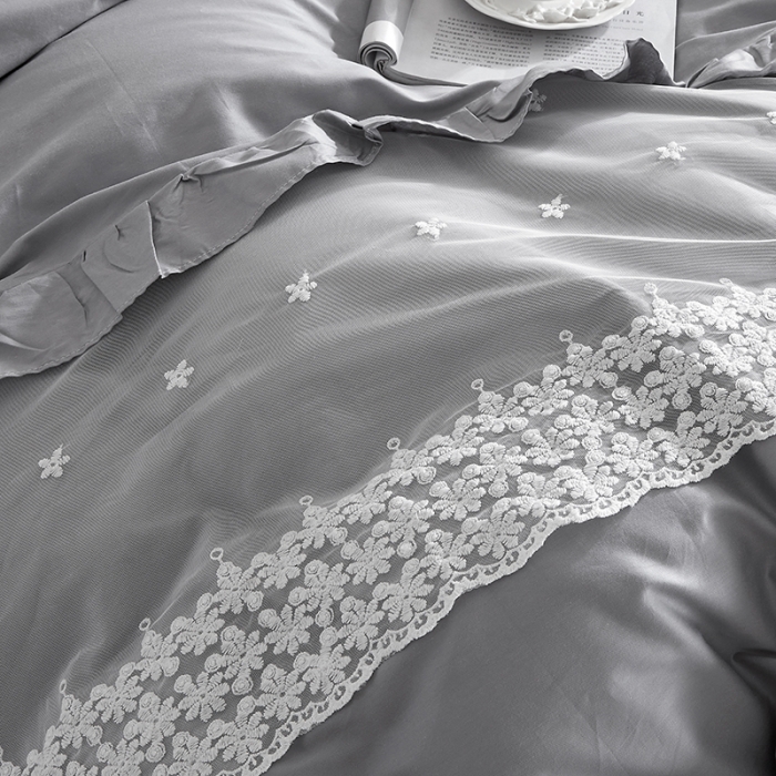 91家纺网 家纺一手货源 找家纺 十个点 2022新款纯色全棉公主风蕾丝花边床裙四件套 灰色