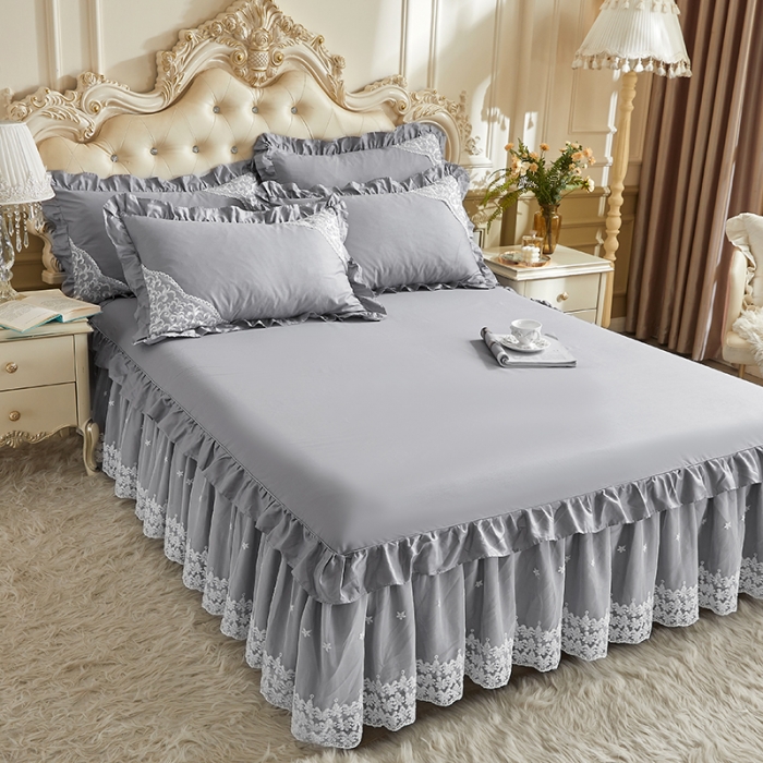 91家纺网 家纺一手货源 找家纺 十个点 2022新款纯色全棉公主风蕾丝花边床裙四件套 灰色