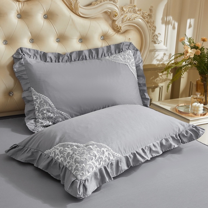 91家纺网 家纺一手货源 找家纺 十个点 2022新款纯色全棉公主风蕾丝花边床裙四件套 灰色