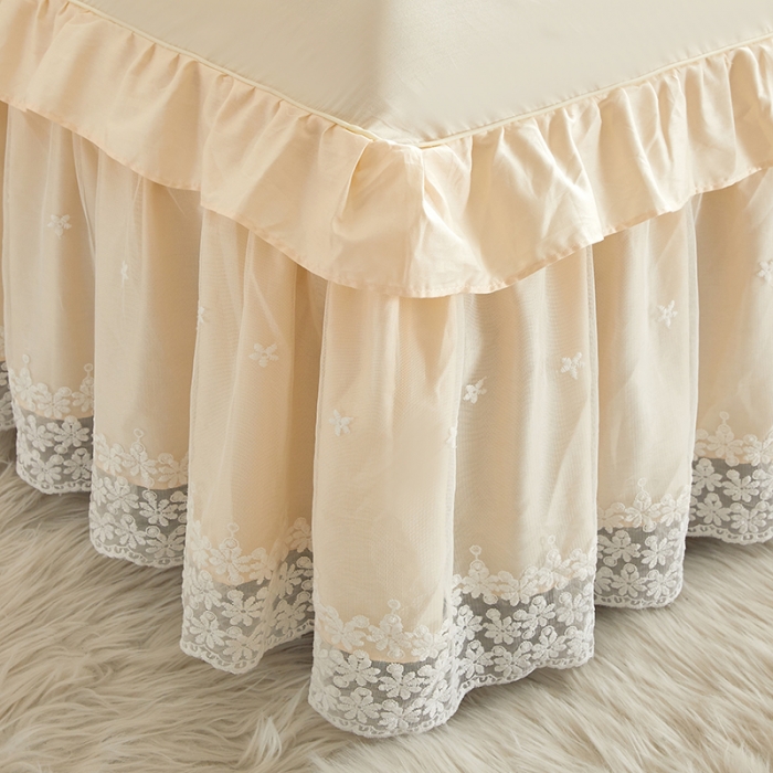 91家纺网 家纺一手货源 找家纺 十个点 2022新款纯色全棉公主风蕾丝花边床裙四件套 米黄