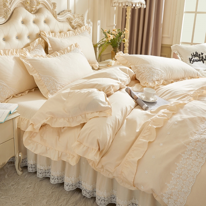 91家纺网 家纺一手货源 找家纺 十个点 2022新款纯色全棉公主风蕾丝花边床裙四件套 米黄