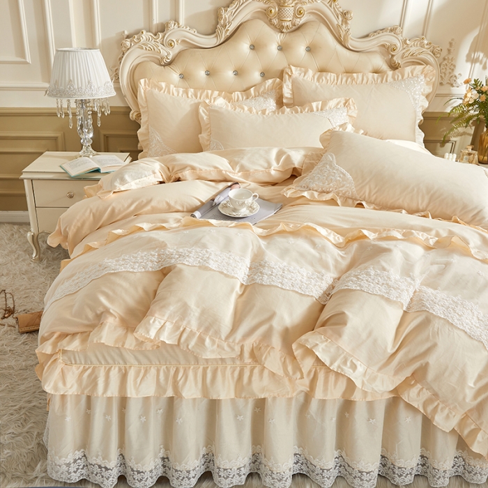 91家纺网 家纺一手货源 找家纺 十个点 2022新款纯色全棉公主风蕾丝花边床裙四件套 米黄