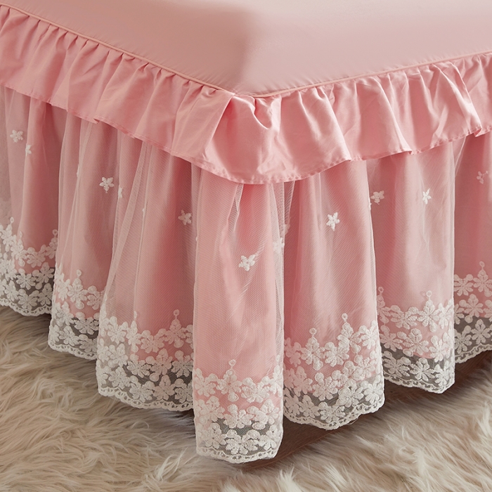 91家纺网 家纺一手货源 找家纺 十个点 2022新款纯色全棉公主风蕾丝花边床裙四件套 玉粉色