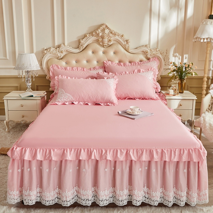 91家纺网 家纺一手货源 找家纺 十个点 2022新款纯色全棉公主风蕾丝花边床裙四件套 玉粉色