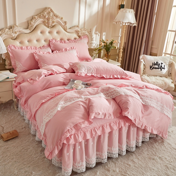 91家纺网 家纺一手货源 找家纺 十个点 2022新款纯色全棉公主风蕾丝花边床裙四件套 玉粉色