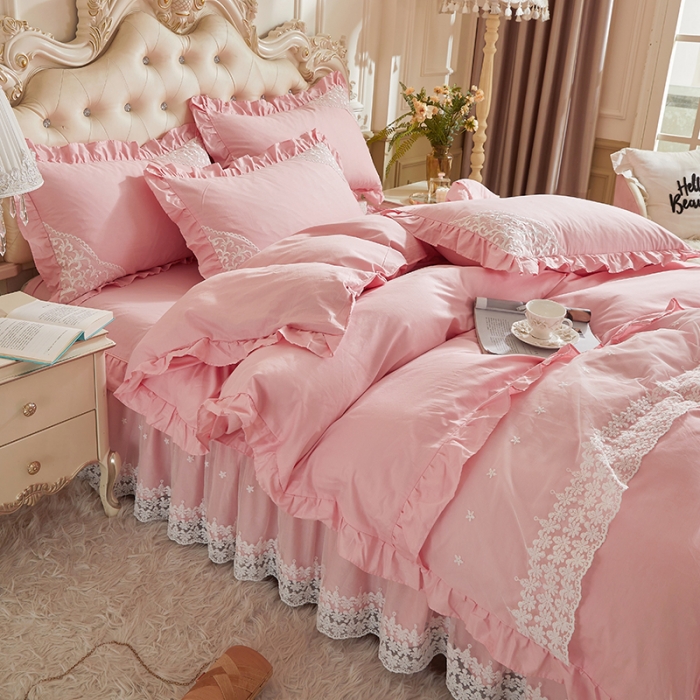 91家纺网 家纺一手货源 找家纺 十个点 2022新款纯色全棉公主风蕾丝花边床裙四件套 玉粉色