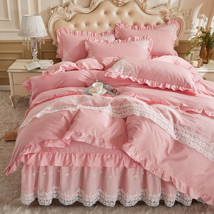 91家纺网 家纺一手货源 找家纺 十个点 2022新款纯色全棉公主风蕾丝花边床裙四件套 玉粉色