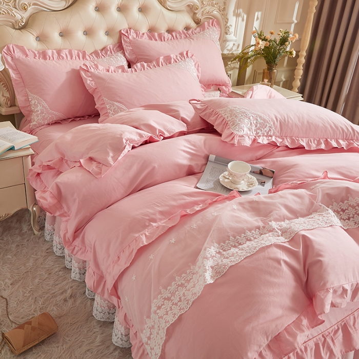 91家纺网 家纺一手货源 找家纺 十个点 2022新款纯色全棉公主风蕾丝花边床裙四件套 玉粉色
