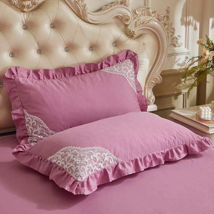 91家纺网 家纺一手货源 找家纺 十个点 2022新款纯色全棉公主风蕾丝花边床裙四件套 豆沙色