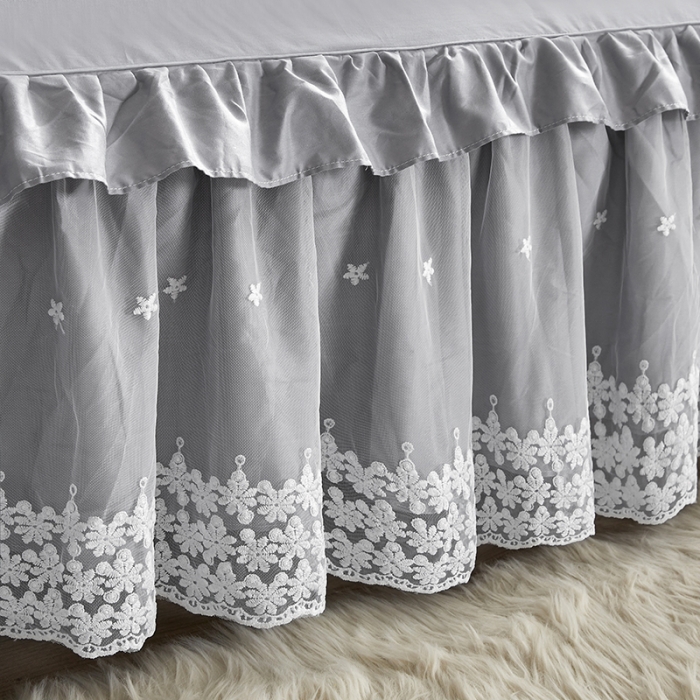 91家纺网 家纺一手货源 找家纺 十个点 2022新款纯色全棉公主风蕾丝花边床裙四件套 灰色