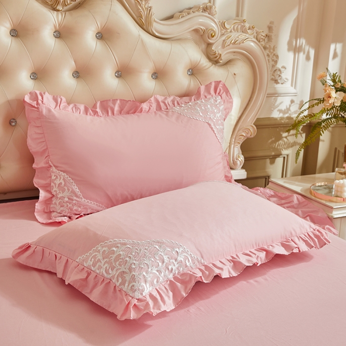 91家纺网 家纺一手货源 找家纺 十个点 2022新款纯色全棉公主风蕾丝花边床裙四件套 玉粉色