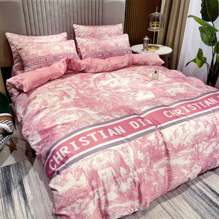 91家纺网 家纺一手货源 找家纺 摩卡 2022新款网红轻奢印花冰丝四件套 梦幻粉