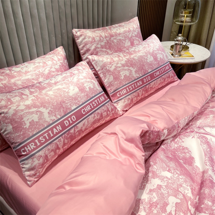 91家纺网 家纺一手货源 找家纺 摩卡 2022新款网红轻奢印花冰丝四件套 梦幻粉