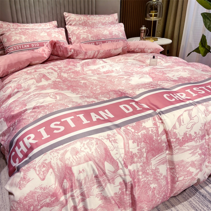 91家纺网 家纺一手货源 找家纺 摩卡 2022新款网红轻奢印花冰丝四件套 梦幻粉