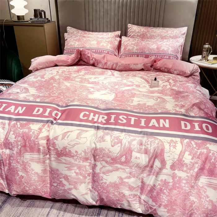 91家纺网 家纺一手货源 找家纺 摩卡 2022新款网红轻奢印花冰丝四件套 梦幻粉