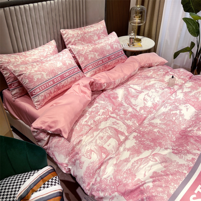 91家纺网 家纺一手货源 找家纺 摩卡 2022新款网红轻奢印花冰丝四件套 梦幻粉