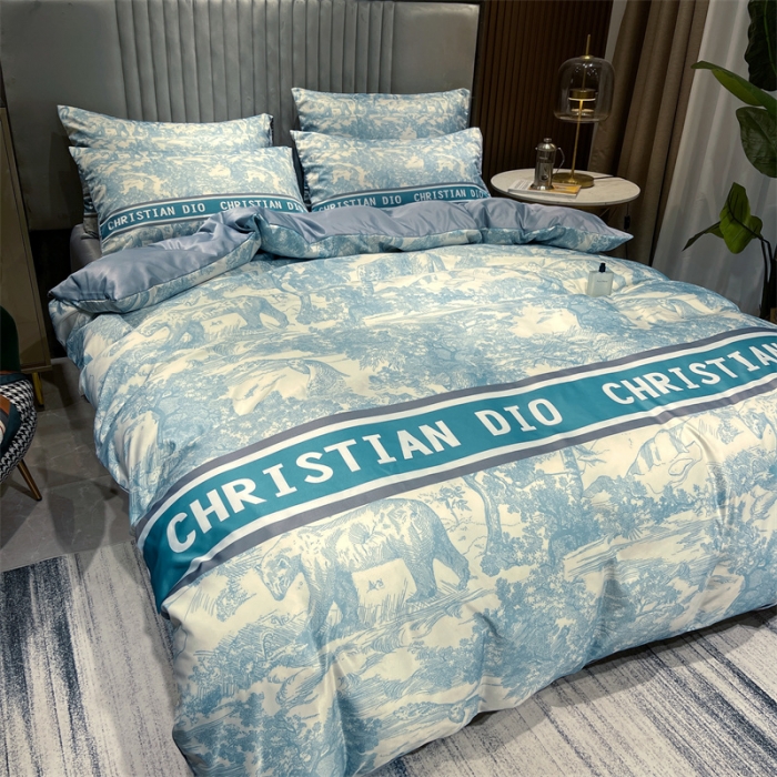 91家纺网 家纺一手货源 找家纺 摩卡 2022新款网红轻奢印花冰丝四件套 梦幻蓝