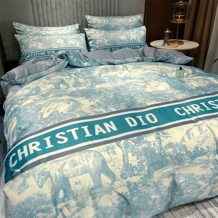 91家纺网 家纺一手货源 找家纺 摩卡 2022新款网红轻奢印花冰丝四件套 梦幻蓝