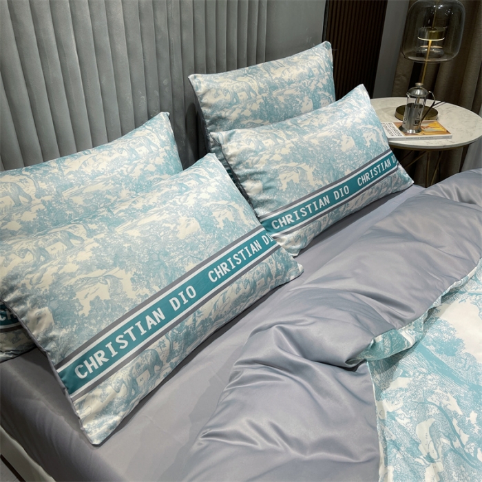 91家纺网 家纺一手货源 找家纺 摩卡 2022新款网红轻奢印花冰丝四件套 梦幻蓝