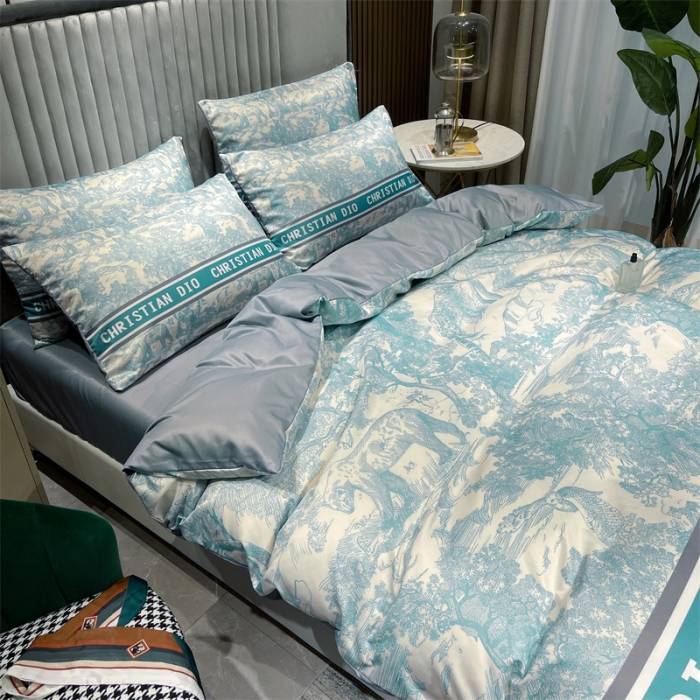 91家纺网 家纺一手货源 找家纺 摩卡 2022新款网红轻奢印花冰丝四件套 梦幻蓝