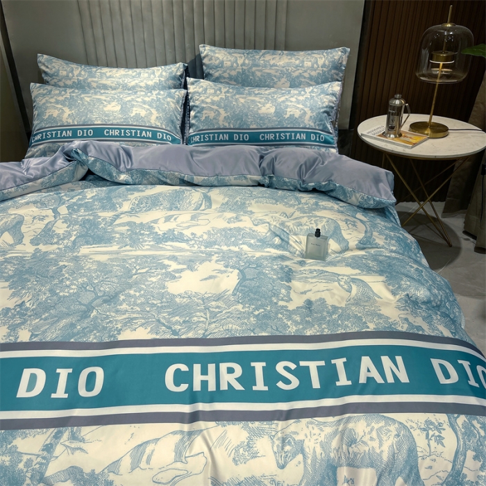 91家纺网 家纺一手货源 找家纺 摩卡 2022新款网红轻奢印花冰丝四件套 梦幻蓝