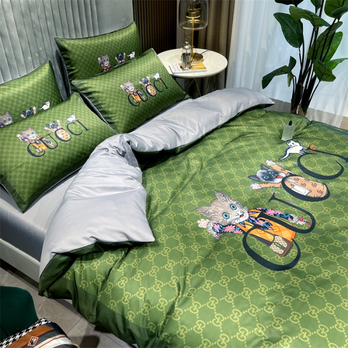 91家纺网 家纺一手货源 找家纺 摩卡 2022新款网红轻奢印花冰丝四件套 抹茶猫