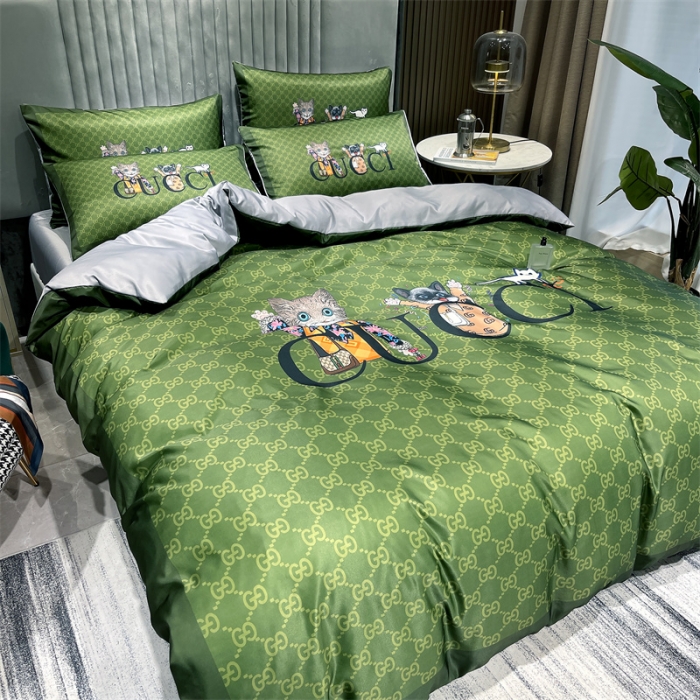 91家纺网 家纺一手货源 找家纺 摩卡 2022新款网红轻奢印花冰丝四件套 抹茶猫