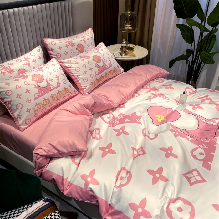 91家纺网 家纺一手货源 找家纺 摩卡 2022新款网红轻奢印花冰丝四件套 太阳花粉