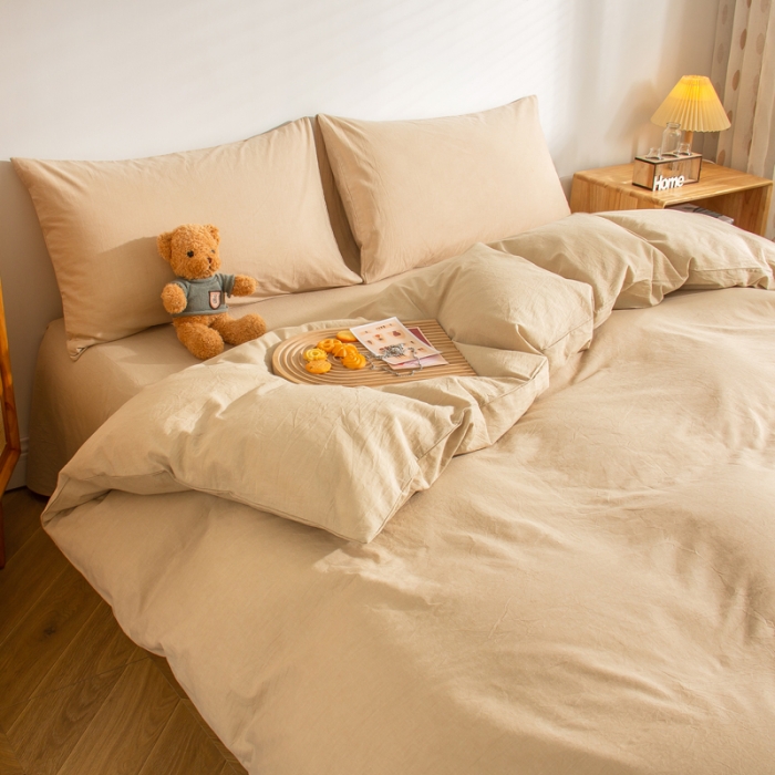 91家纺网 家纺一手货源 找家纺 柠萌家居 2022年新款无印良品全棉色织水洗棉四件套 卡其