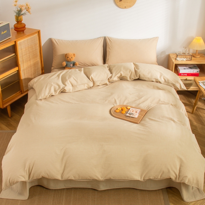 91家纺网 家纺一手货源 找家纺 柠萌家居 2022年新款无印良品全棉色织水洗棉四件套 卡其