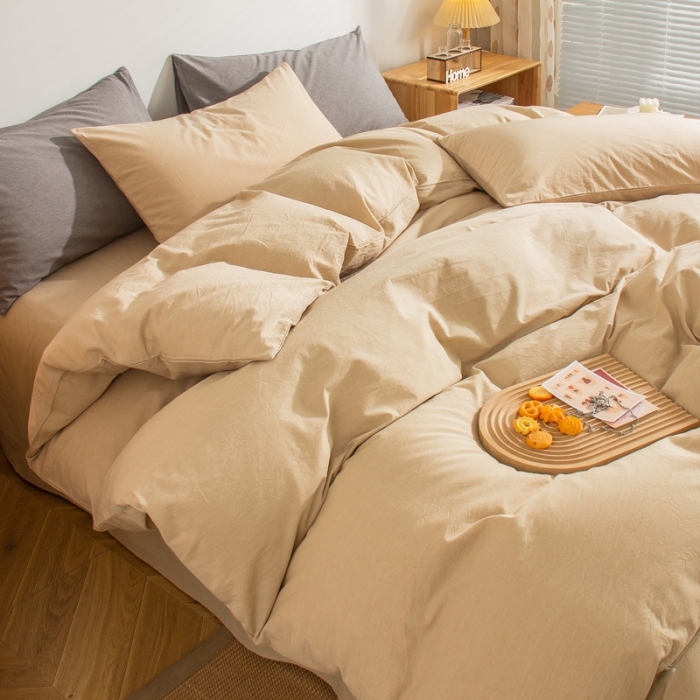 91家纺网 家纺一手货源 找家纺 柠萌家居 2022年新款无印良品全棉色织水洗棉四件套 卡其