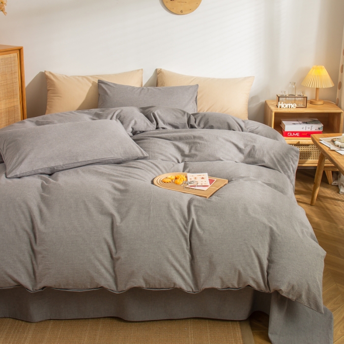 91家纺网 家纺一手货源 找家纺 柠萌家居 2022年新款无印良品全棉色织水洗棉四件套 冷灰