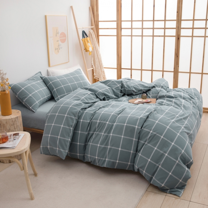 91家纺网 家纺一手货源 找家纺 柠萌家居 2022新款无印良品全棉色织水洗棉四件套 海蓝大格