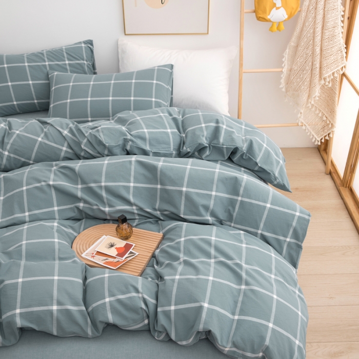 91家纺网 家纺一手货源 找家纺 柠萌家居 2022新款无印良品全棉色织水洗棉四件套 海蓝大格