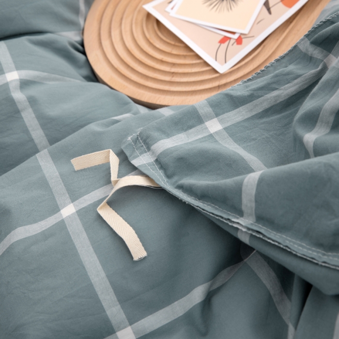 91家纺网 家纺一手货源 找家纺 柠萌家居 2022新款无印良品全棉色织水洗棉四件套 海蓝大格