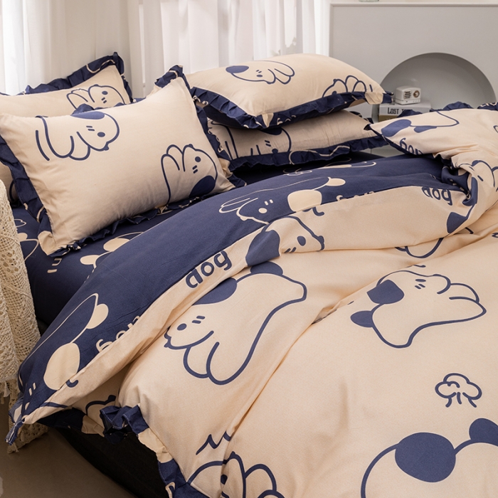 91家纺网 家纺一手货源 找家纺 布可 2022韩版活性印染印花四件套 欢乐小狗