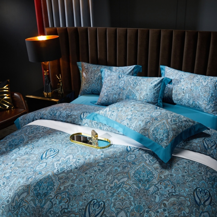 91家纺网 家纺一手货源 找家纺 缔缦 2022新款高端120s数码印花系列四件套 蓝色恋人