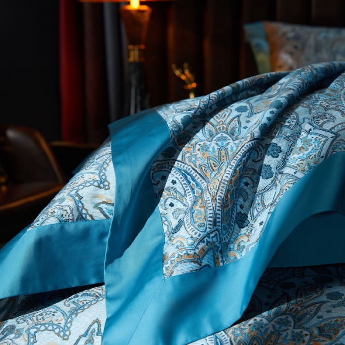 91家纺网 家纺一手货源 找家纺 缔缦 2022新款高端120s数码印花系列四件套 蓝色恋人