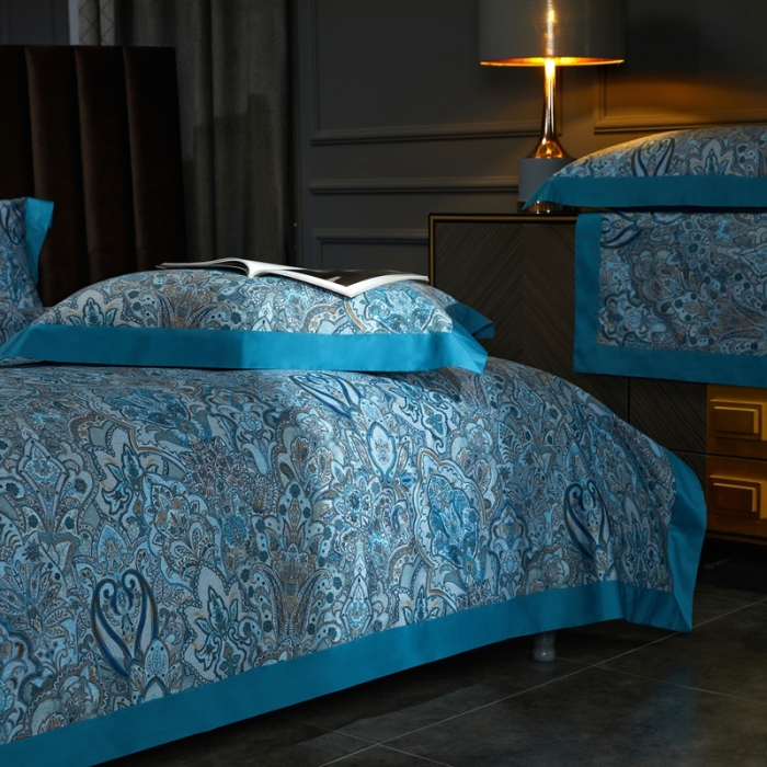 91家纺网 家纺一手货源 找家纺 缔缦 2022新款高端120s数码印花系列四件套 蓝色恋人