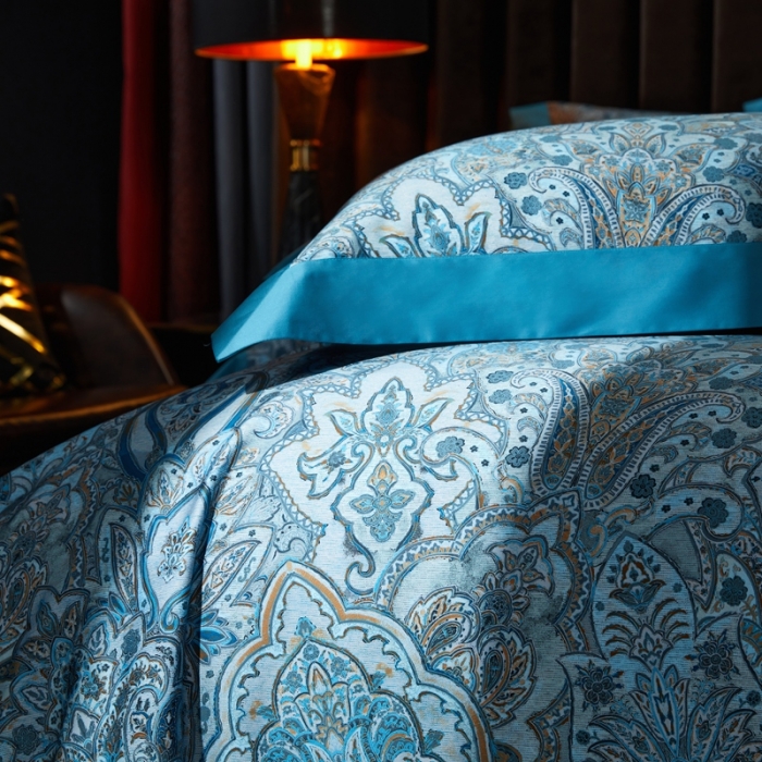 91家纺网 家纺一手货源 找家纺 缔缦 2022新款高端120s数码印花系列四件套 蓝色恋人