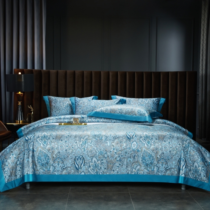 91家纺网 家纺一手货源 找家纺 缔缦 2022新款高端120s数码印花系列四件套 蓝色恋人