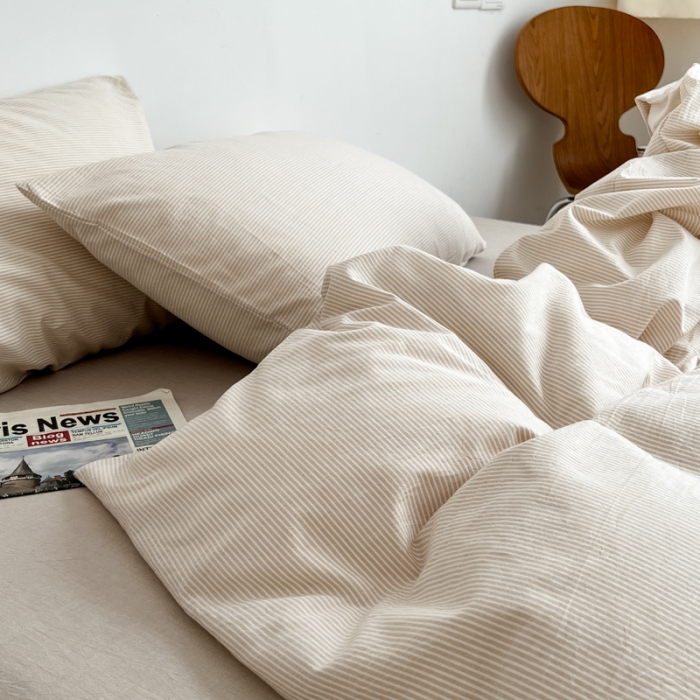 91家纺网 家纺一手货源 找家纺 梦享生活家居 2022新款条纹系列32色织水洗棉四件套米细条