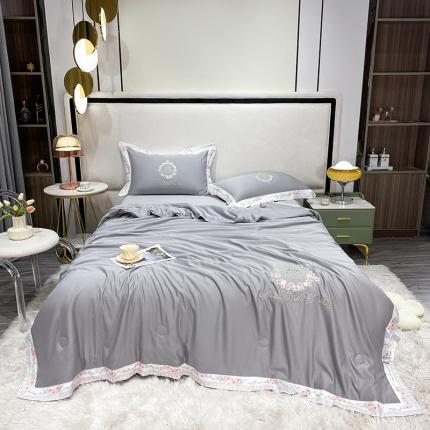 91家纺网 家纺一手货源 找家纺 丽卡家纺 2023新款水洗天丝刺绣夏被四件套-梦露梦露-高级灰