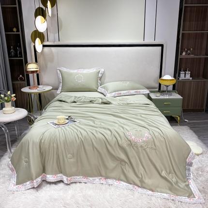 91家纺网 家纺一手货源 找家纺 丽卡家纺 2023新款水洗天丝刺绣夏被四件套-梦露梦露-芥末绿