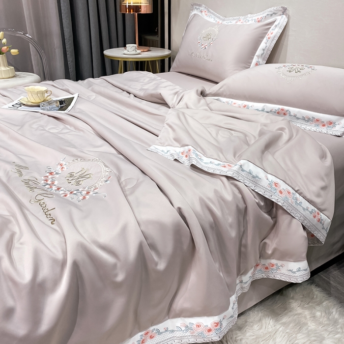 91家纺网 家纺一手货源 找家纺 丽卡家纺 2023新款水洗天丝刺绣夏被四件套-梦露梦露-米咖