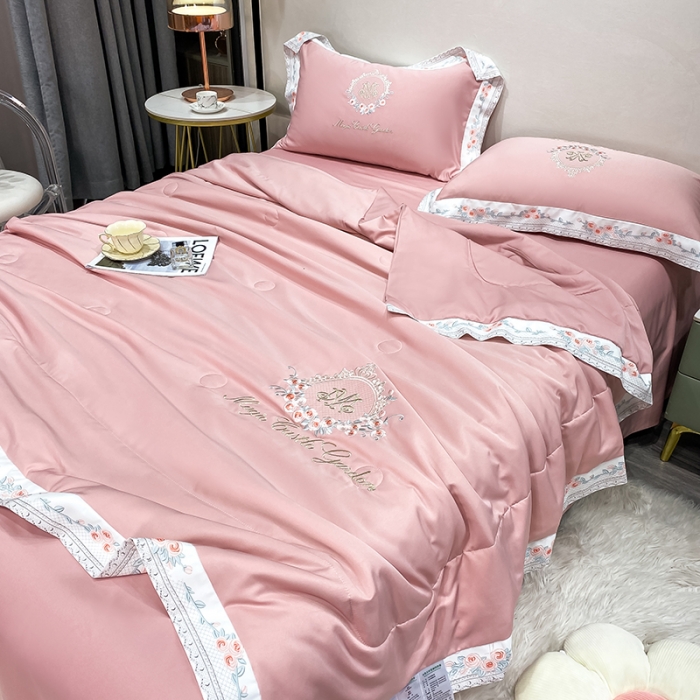 91家纺网 家纺一手货源 找家纺 丽卡家纺 2023新款水洗天丝刺绣夏被四件套-梦露梦露-粉玉色