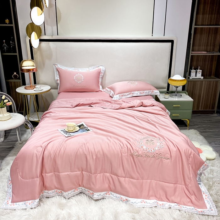 91家纺网 家纺一手货源 找家纺 丽卡家纺 2023新款水洗天丝刺绣夏被四件套-梦露梦露-粉玉色