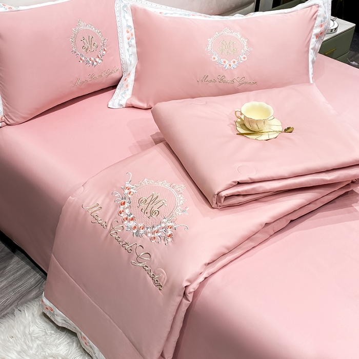 91家纺网 家纺一手货源 找家纺 丽卡家纺 2023新款水洗天丝刺绣夏被四件套-梦露梦露-粉玉色