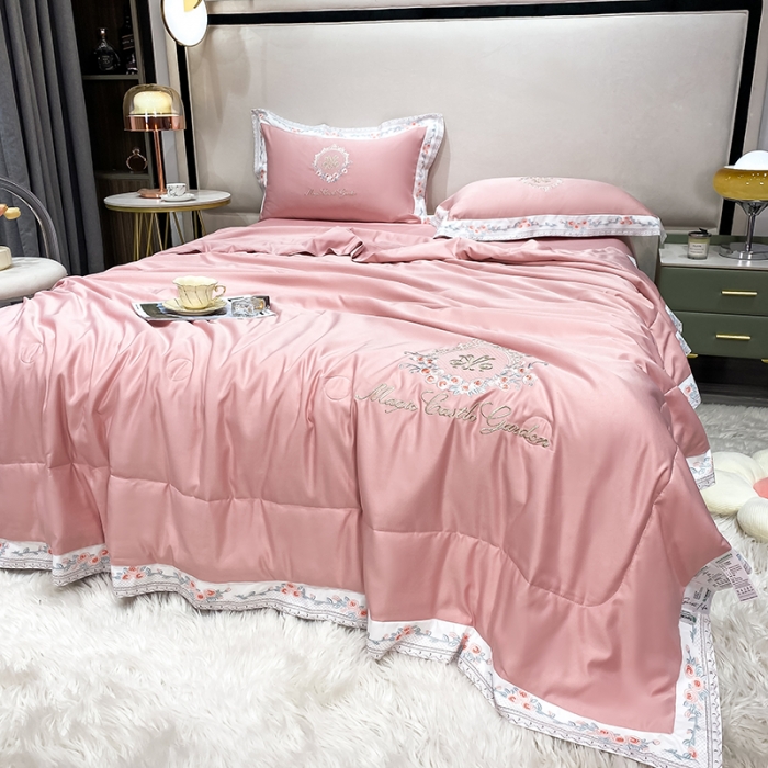 91家纺网 家纺一手货源 找家纺 丽卡家纺 2023新款水洗天丝刺绣夏被四件套-梦露梦露-粉玉色